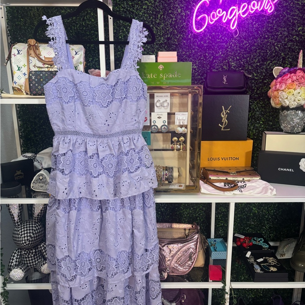 Just Me Lilac Lavender Eyelet Lace Midi 3 Tiered Dress - Picture 8 of 13